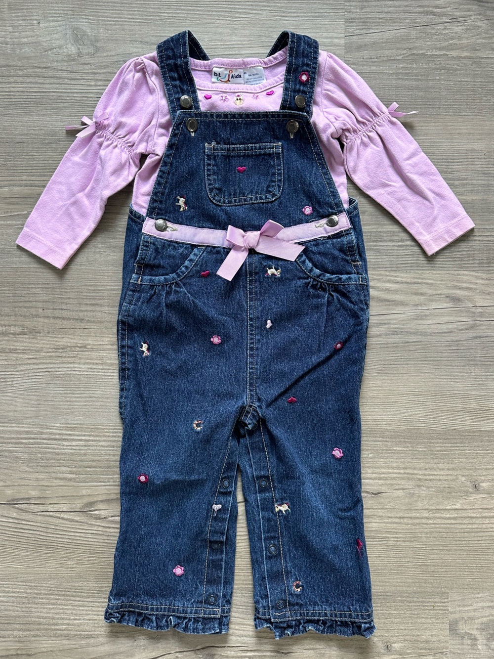 Vintage Horse Equestrian b.t. Kids Denim Overalls with Pink Long-Sleeve Tee